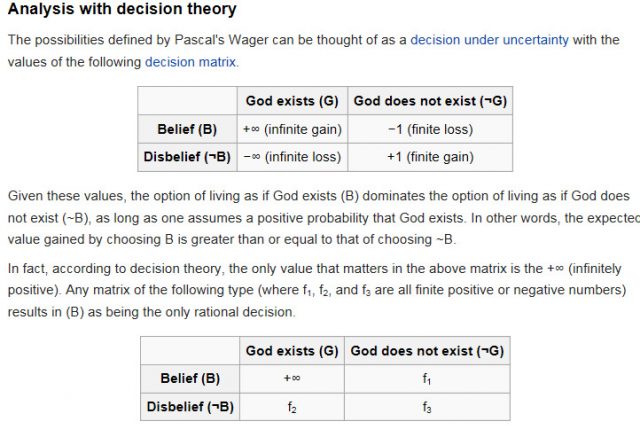 Pascal's Wager written in decision theory